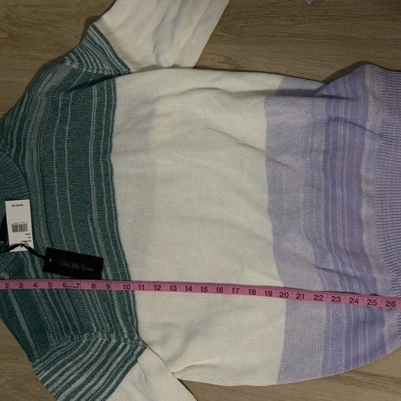 Saks Fifth Avenue Green, White & Lilac Striped Crewneck Sweater
